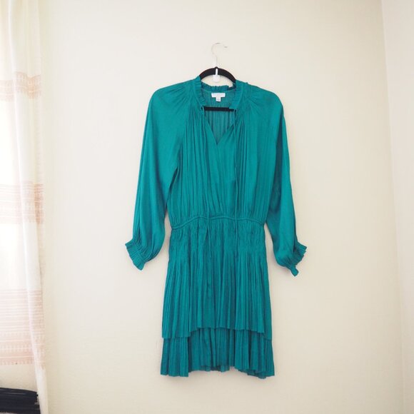 * Anthropologie Current Air Teal Satin Samantha Smocked Long Sleeve Mini Dress - Picture 4 of 11
